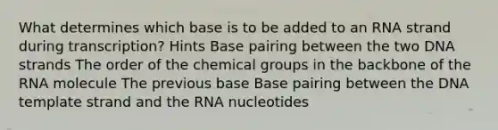 What determines which base is to be added to an RNA strand during transcription? Hints Base pairing between the two DNA strands The order of the chemical groups in the backbone of the RNA molecule The previous base Base pairing between the DNA template strand and the RNA nucleotides