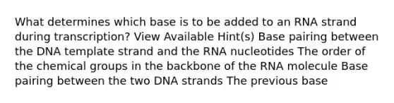 What determines which base is to be added to an RNA strand during transcription? View Available Hint(s) Base pairing between the DNA template strand and the RNA nucleotides The order of the chemical groups in the backbone of the RNA molecule Base pairing between the two DNA strands The previous base