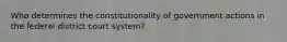 Who determines the constitutionality of government actions in the federal district court system?