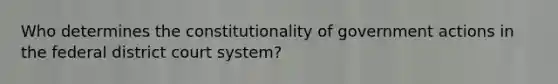 Who determines the constitutionality of government actions in the federal district court system?