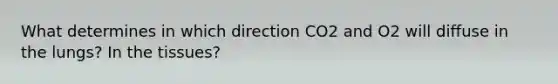 What determines in which direction CO2 and O2 will diffuse in the lungs? In the tissues?