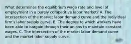 What determines the equilibrium wage rate and level of employment in a purely competitive labor market? A. The intersection of the market labor demand curve and the individual firm's labor supply curve. B. The degree to which workers have been able to bargain through their unions to maintain constant wages. C. The intersection of the market labor demand curve and the market labor supply curve.