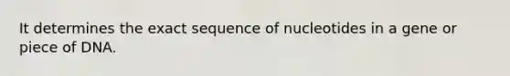 It determines the exact sequence of nucleotides in a gene or piece of DNA.