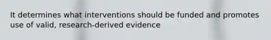 It determines what interventions should be funded and promotes use of valid, research-derived evidence