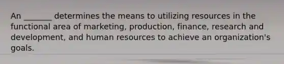 An _______ determines the means to utilizing resources in the functional area of marketing, production, finance, research and development, and human resources to achieve an organization's goals.