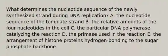 What determines the nucleotide sequence of the newly synthesized strand during DNA replication? A. the nucleotide sequence of the template strand B. the relative amounts of the four nucleotides in the cell C. the particular DNA polymerase catalyzing the reaction D. the primase used in the reaction E. the arrangement of histone proteins hydrogen-bonding to the sugar phosphate backbone