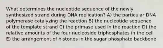 What determines the nucleotide sequence of the newly synthesized strand during DNA replication? A) the particular DNA polymerase catalyzing the reaction B) the nucleotide sequence of the template strand C) the primase used in the reaction D) the relative amounts of the four nucleoside triphosphates in the cell E) the arrangement of histones in the sugar phosphate backbone