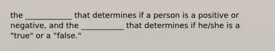 the ____________ that determines if a person is a positive or negative, and the ___________ that determines if he/she is a "true" or a "false."