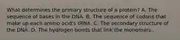 What determines the primary structure of a protein? A. The sequence of bases in the DNA. B. The sequence of codons that make up each amino acid's tRNA. C. The secondary structure of the DNA. D. The hydrogen bonds that link the monomers.