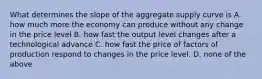 What determines the slope of the aggregate supply curve is A. how much more the economy can produce without any change in the price level B. how fast the output level changes after a technological advance C. how fast the price of factors of production respond to changes in the price level. D. none of the above