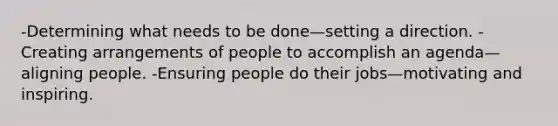 -Determining what needs to be done—setting a direction. -Creating arrangements of people to accomplish an agenda—aligning people. -Ensuring people do their jobs—motivating and inspiring.