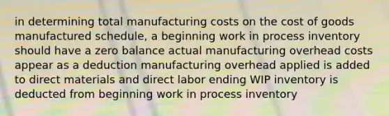 in determining total manufacturing costs on the cost of goods manufactured schedule, a beginning work in process inventory should have a zero balance actual manufacturing overhead costs appear as a deduction manufacturing overhead applied is added to direct materials and direct labor ending WIP inventory is deducted from beginning work in process inventory