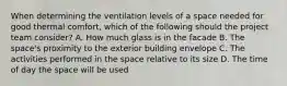 When determining the ventilation levels of a space needed for good thermal comfort, which of the following should the project team consider? A. How much glass is in the facade B. The space's proximity to the exterior building envelope C. The activities performed in the space relative to its size D. The time of day the space will be used