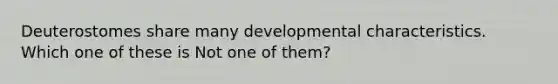 Deuterostomes share many developmental characteristics. Which one of these is Not one of them?