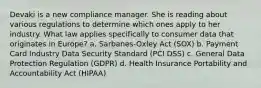 Devaki is a new compliance manager. She is reading about various regulations to determine which ones apply to her industry. What law applies specifically to consumer data that originates in Europe? a. Sarbanes-Oxley Act (SOX) b. Payment Card Industry Data Security Standard (PCI DSS) c. General Data Protection Regulation (GDPR) d. Health Insurance Portability and Accountability Act (HIPAA)