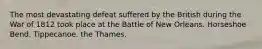 The most devastating defeat suffered by the British during the War of 1812 took place at the Battle of New Orleans. Horseshoe Bend. Tippecanoe. the Thames.