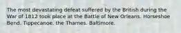 The most devastating defeat suffered by the British during the War of 1812 took place at the Battle of New Orleans. Horseshoe Bend. Tippecanoe. the Thames. Baltimore.