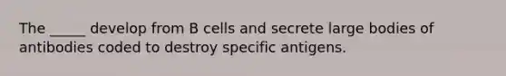 The _____ develop from B cells and secrete large bodies of antibodies coded to destroy specific antigens.