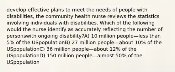 develop effective plans to meet the needs of people with disabilities, the community health nurse reviews the statistics involving individuals with disabilities. Which of the following would the nurse identify as accurately reflecting the number of personswith ongoing disability?A) 10 million people—less than 5% of the USpopulationB) 27 million people—about 10% of the USpopulationC) 36 million people—about 12% of the USpopulationD) 150 million people—almost 50% of the USpopulation