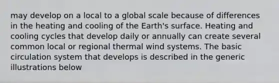 may develop on a local to a global scale because of differences in the heating and cooling of the Earth's surface. Heating and cooling cycles that develop daily or annually can create several common local or regional thermal wind systems. The basic circulation system that develops is described in the generic illustrations below