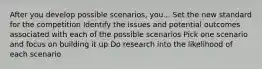 After you develop possible scenarios, you... Set the new standard for the competition Identify the issues and potential outcomes associated with each of the possible scenarios Pick one scenario and focus on building it up Do research into the likelihood of each scenario