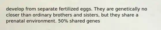 develop from separate fertilized eggs. They are genetically no closer than ordinary brothers and sisters, but they share a prenatal environment. 50% shared genes