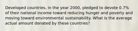 Developed countries, in the year 2000, pledged to devote 0.7% of their national income toward reducing hunger and poverty and moving toward environmental sustainability. What is the average actual amount donated by these countries?