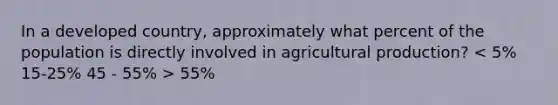 In a developed country, approximately what percent of the population is directly involved in agricultural production? 55%