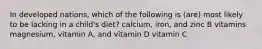 In developed nations, which of the following is (are) most likely to be lacking in a child's diet? calcium, iron, and zinc B vitamins magnesium, vitamin A, and vitamin D vitamin C