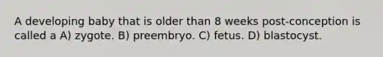 A developing baby that is older than 8 weeks post-conception is called a A) zygote. B) preembryo. C) fetus. D) blastocyst.