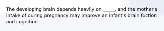 The developing brain depends heavily on _____, and the mother's intake of during pregnancy may improve an infant's brain fuction and cognition