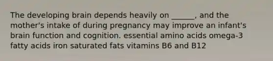 The developing brain depends heavily on ______, and the mother's intake of during pregnancy may improve an infant's brain function and cognition. essential amino acids omega-3 fatty acids iron saturated fats vitamins B6 and B12