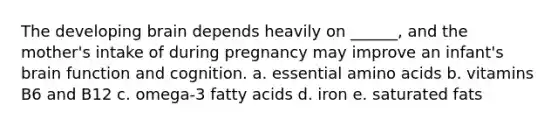 The developing brain depends heavily on ______, and the mother's intake of during pregnancy may improve an infant's brain function and cognition. a. essential amino acids b. vitamins B6 and B12 c. omega-3 fatty acids d. iron e. saturated fats