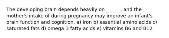 The developing brain depends heavily on ______, and the mother's intake of during pregnancy may improve an infant's brain function and cognition. a) iron b) essential amino acids c) saturated fats d) omega-3 fatty acids e) vitamins B6 and B12