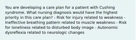 You are developing a care plan for a patient with Cushing syndrome. What nursing diagnosis would have the highest priority in this care plan? - Risk for injury related to weakness - Ineffective breathing pattern related to muscle weakness - Risk for loneliness related to disturbed body image - Autonomic dysreflexia related to neurologic changes