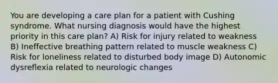 You are developing a care plan for a patient with Cushing syndrome. What nursing diagnosis would have the highest priority in this care plan? A) Risk for injury related to weakness B) Ineffective breathing pattern related to muscle weakness C) Risk for loneliness related to disturbed body image D) Autonomic dysreflexia related to neurologic changes