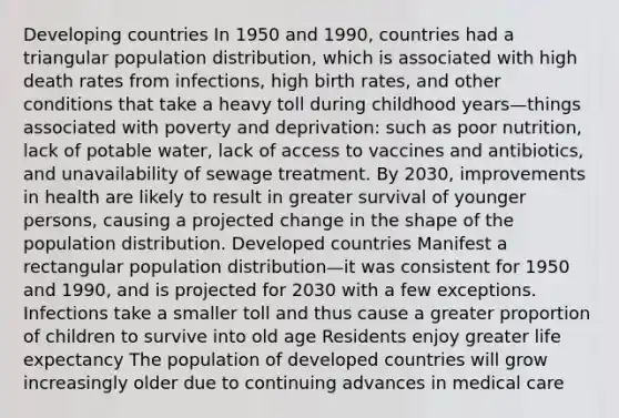 Developing countries In 1950 and 1990, countries had a triangular population distribution, which is associated with high death rates from infections, high birth rates, and other conditions that take a heavy toll during childhood years—things associated with poverty and deprivation: such as poor nutrition, lack of potable water, lack of access to vaccines and antibiotics, and unavailability of sewage treatment. By 2030, improvements in health are likely to result in greater survival of younger persons, causing a projected change in the shape of the population distribution. Developed countries Manifest a rectangular population distribution—it was consistent for 1950 and 1990, and is projected for 2030 with a few exceptions. Infections take a smaller toll and thus cause a greater proportion of children to survive into old age Residents enjoy greater life expectancy The population of developed countries will grow increasingly older due to continuing advances in medical care