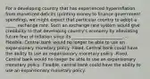 For a developing country that has experienced hyperinflation from monetized deficits (printing money to finance government spending), we might expect that particular country to adopt a _____ exchange rate. Such an exchange rate system would give credibility to that developing country's economy by alleviating future fear of inflation since its ________________________. -Flexible, Central bank would no longer be able to use an expansionary monetary policy -Fixed, Central bank could have the ability to use an expansionary monetary policy -Fixed, Central bank would no longer be able to use an expansionary monetary policy -Flexible, central bank could have the ability to use an expansionary monetary policy