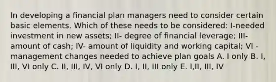 In developing a financial plan managers need to consider certain basic elements. Which of these needs to be considered: I-needed investment in new assets; II- degree of financial leverage; III- amount of cash; IV- amount of liquidity and working capital; VI - management changes needed to achieve plan goals A. I only B. I, III, VI only C. II, III, IV, VI only D. I, II, III only E. I,II, III, IV