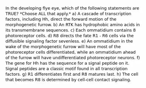 In the developing flye eye, which of the following statements are TRUE? *Choose ALL that apply.* a) A cascade of transcription factors, including Hh, direct the forward motion of the morphogenetic furrow. b) An RTK has hydrophobic amino acids in its transmembrane sequences. c) Each ommatidium contains 8 photoreceptor cells. d) R8 directs the fate R1 - R6 cells via the diffusible signaling factor sevenless. e) An ommatidium in the wake of the morphogenetic furrow will have most of the photoreceptor cells differentiated, while an ommatidium ahead of the furrow will have undifferentiated photoreceptor neurons. f) The gene for Hh has the sequence for a signal peptide on it. Signal peptides are a classic motif found in all transcription factors. g) R1 differentiates first and R8 matures last. h) The cell that becomes R8 is determined by cell-cell contact signaling.