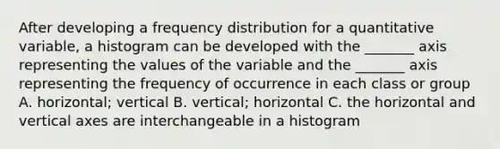 After developing a frequency distribution for a quantitative variable, a histogram can be developed with the _______ axis representing the values of the variable and the _______ axis representing the frequency of occurrence in each class or group A. horizontal; vertical B. vertical; horizontal C. the horizontal and vertical axes are interchangeable in a histogram