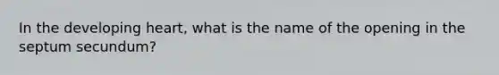 In the developing heart, what is the name of the opening in the septum secundum?