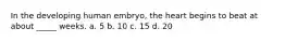 In the developing human embryo, the heart begins to beat at about _____ weeks. a. 5 b. 10 c. 15 d. 20