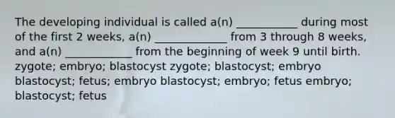 The developing individual is called a(n) ___________ during most of the first 2 weeks, a(n) _____________ from 3 through 8 weeks, and a(n) ____________ from the beginning of week 9 until birth. zygote; embryo; blastocyst zygote; blastocyst; embryo blastocyst; fetus; embryo blastocyst; embryo; fetus embryo; blastocyst; fetus