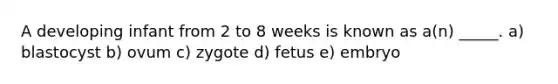 A developing infant from 2 to 8 weeks is known as a(n) _____. a) blastocyst b) ovum c) zygote d) fetus e) embryo