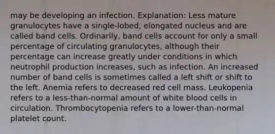 may be developing an infection. Explanation: Less mature granulocytes have a single-lobed, elongated nucleus and are called band cells. Ordinarily, band cells account for only a small percentage of circulating granulocytes, although their percentage can increase greatly under conditions in which neutrophil production increases, such as infection. An increased number of band cells is sometimes called a left shift or shift to the left. Anemia refers to decreased red cell mass. Leukopenia refers to a less-than-normal amount of white blood cells in circulation. Thrombocytopenia refers to a lower-than-normal platelet count.