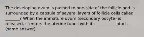 The developing ovum is pushed to one side of the follicle and is surrounded by a capsule of several layers of follicle cells called _______? When the immature ovum (secondary oocyte) is released, it enters the uterine tubes with its _________ intact. (same answer)