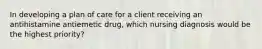 In developing a plan of care for a client receiving an antihistamine antiemetic drug, which nursing diagnosis would be the highest priority?