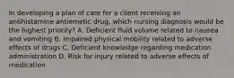 In developing a plan of care for a client receiving an antihistamine antiemetic drug, which nursing diagnosis would be the highest priority? A. Deficient fluid volume related to nausea and vomiting B. Impaired physical mobility related to adverse effects of drugs C. Deficient knowledge regarding medication administration D. Risk for injury related to adverse effects of medication