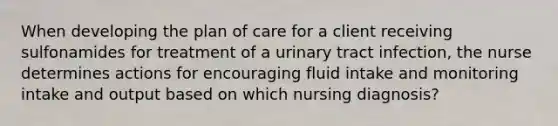 When developing the plan of care for a client receiving sulfonamides for treatment of a urinary tract infection, the nurse determines actions for encouraging fluid intake and monitoring intake and output based on which nursing diagnosis?